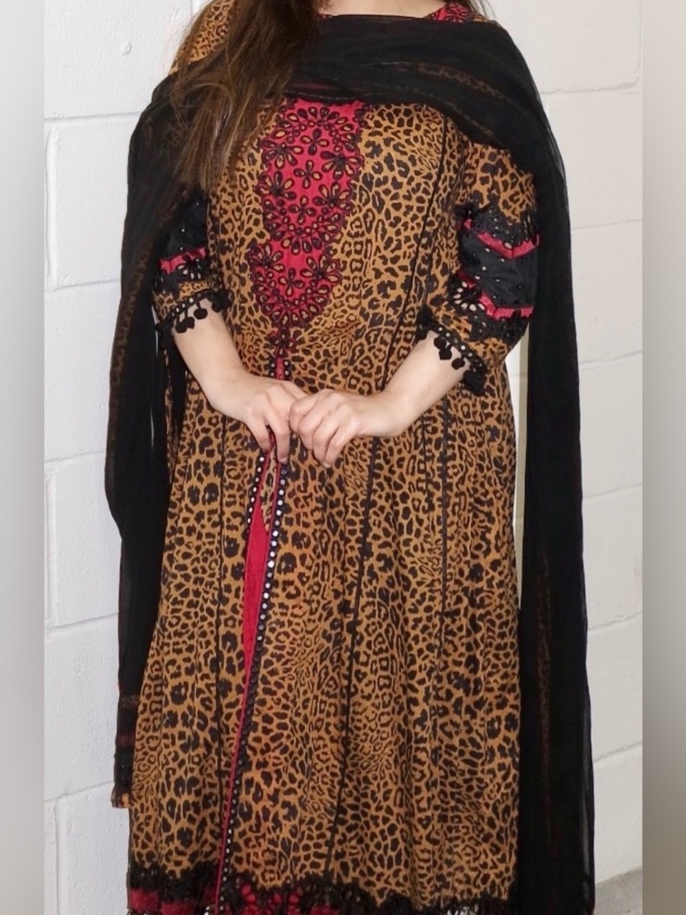 Leopard Print Women's Dress with Red Embroidery